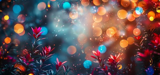 Wall Mural - Festive Red Flowers and Colorful Bokeh Lights in the Night
