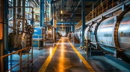 Poster - A view down a long hallway in a factory, showcasing industrial machinery, pipes, and a shiny metal floor. The light reflects off the smooth metal surfaces