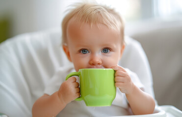 Wall Mural - A cute baby drinking from the green cup, sitting in high chair, white background, bright and warm colors