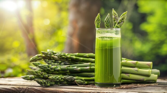 freshly squeezed asparagus juice on the background of the garden. Selective focus