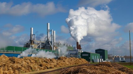 Poster - A large industrial plant with tall smokestacks emits steam into the air against a blue sky with fluffy white clouds. The plant is surrounded by piles of brown, dried plant material.