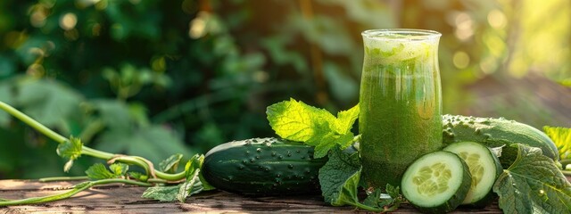 Wall Mural - freshly squeezed cucumber juice on the background of the garden. Selective focus