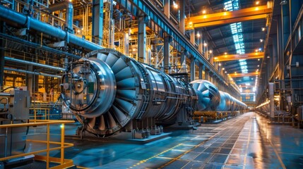 Poster - An industrial turbine on a platform in a factory, surrounded by machinery and catwalks. Bright lights and high ceilings indicate a modern facility.