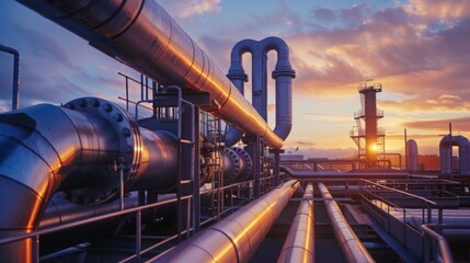 Poster - A close-up of large industrial pipes at a processing plant, captured during a vibrant sunset.