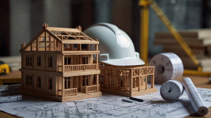 architectural model of a house with construction plans, a hard hat, and measuring tools on a workbench,