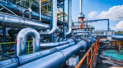 Poster - Wide shot of metal pipes at a refinery connected to valves and equipment. Large tanks are visible in the background.
