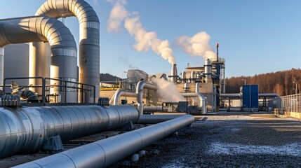 Poster - A large industrial plant with large pipes and steam rising from the chimneys. The ground is covered in gravel and some snow.