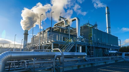 Poster - A large industrial plant with a tall smoke stack emitting steam, surrounded by numerous pipes and structures. The plant is situated in a large, open area with a clear blue sky above.