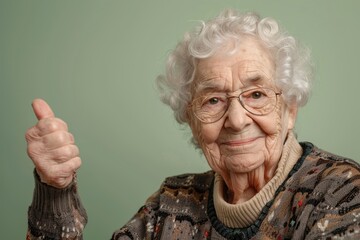 Wall Mural - Portrait of a jovial caucasian elderly woman in her 90s showing a thumb up isolated in soft green background
