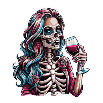 Female skeleton drinking wine t-shirt design