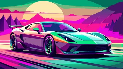 Wall Mural - Car on the road in the mountains at sunset. Vector illustration.