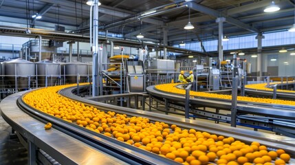 A large industrial conveyor belt in an orange processing facility carries a stream of oranges.