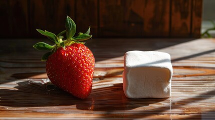 Canvas Print - Sunlit marshmallow and strawberry on a wood backdrop A summer treat