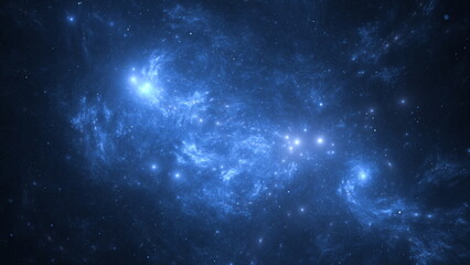 cosmic nebula, glowing with bright blue light, against a backdrop of dark blue night sky scattered w