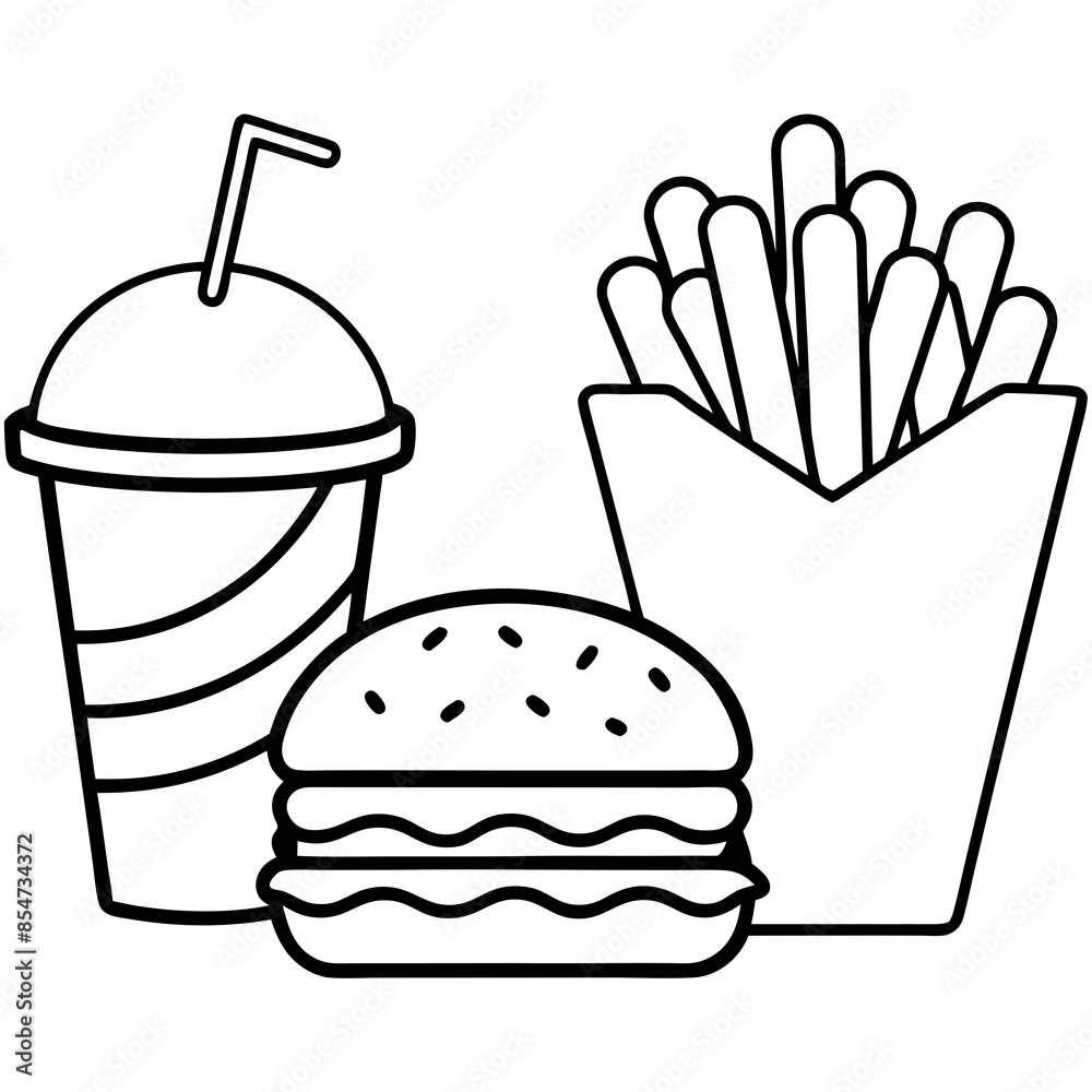 Hamburger soft drink and french fries, Fast food items vector line art ...