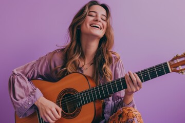 Wall Mural - Portrait of a jovial woman in her 20s playing the guitar while standing against soft purple background