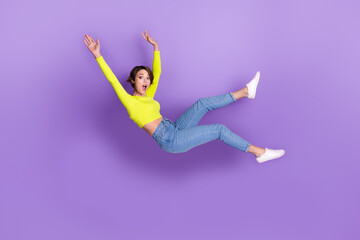 Wall Mural - Full body size photo cadre of funky woman sitting podium platform raise hands up positive good mood isolated on violet color background