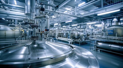 Poster - A view of the interior of a factory, with large steel vats and pipes, showing the industrial process in action.