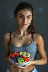 Wall Mural - close-up of a girl athlete holding a bowl of healthy food. Selective focus
