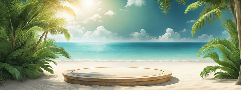  Beach podium summer background sand product 3D sea display platform. Beach podium summer banner stand scene sale sky holiday vacation stage water island sun travel pedestal promotion presentation ad.