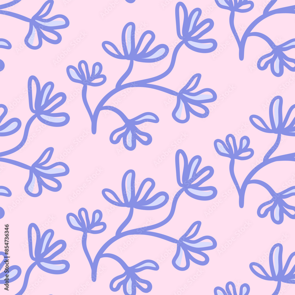 Vector floral seamless pattern. Abstract blue flowers on a stem in hand ...