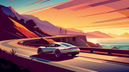 Canvas Print - Car on the road in the mountains at sunset. Vector illustration.