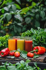 Canvas Print - freshly squeezed pepper juice on the background of the garden. Selective focus