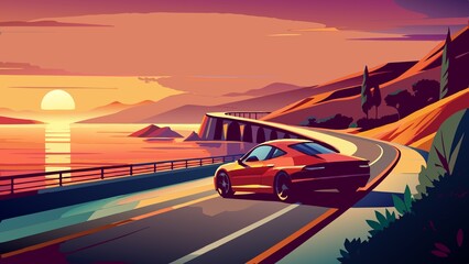 Canvas Print - Car on the road in the mountains at sunset. Vector illustration.