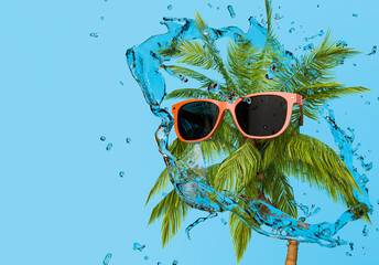 Sticker - Palm Tree with Sunglasses and Water Splash Against Blue Background