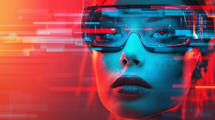 Futuristic augmented reality headset on woman with vibrant digital glitches and neon light effects, showcasing advanced technology.