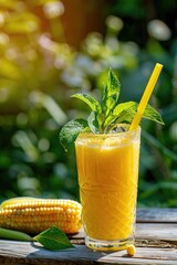 Poster - freshly squeezed corn juice on the background of the garden. Selective focus