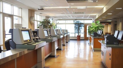 Poster - A row of empty kiosks in a modern lobby with wood floors and large windows.