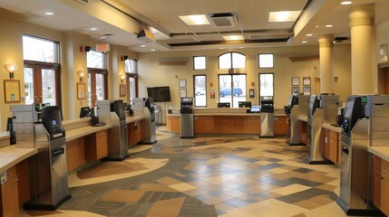 An interior view of a bank branch featuring a row of automated teller machines along a curved counter, with additional ATMs lined up along a side wall.