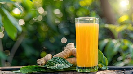 Wall Mural - freshly squeezed ginger juice on the background of the garden. Selective focus