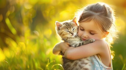 Wall Mural - a small child hugs a cat. Selective focus