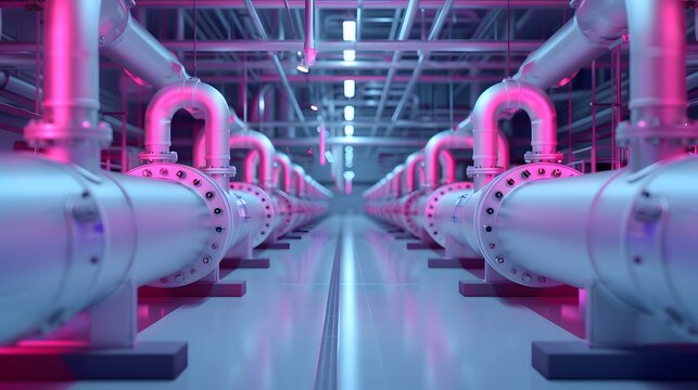 modern industrial pipeline system with metallic tubes illuminated in vibrant pink light, showcasing 
