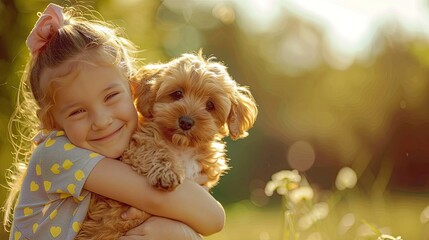 Wall Mural - a small child hugs a dog. Selective focus