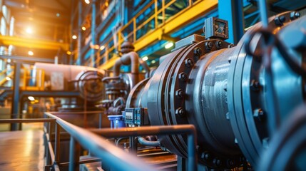 Poster - Close-up of industrial machinery: a large metal pipe with valves and gauges in a factory setting. Blurred background indicates a busy environment.