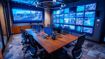 Poster - A modern control room with a large wall of screens displaying various images and data, along with a conference table and several chairs.