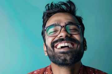 Wall Mural - Portrait of a content indian man in his 30s laughing in soft teal background