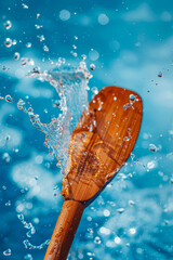 Wall Mural - A wooden paddle is in the water with a splash of water around it