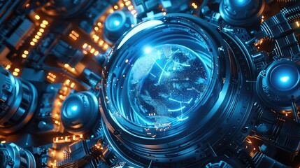 Poster - Industrial equipment, circular bracket, blue light energy sphere, Earth model. Generative AI.