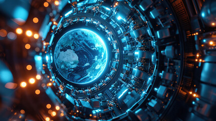 Poster - Industrial equipment, circular bracket, blue light energy sphere, Earth model. Generative AI.