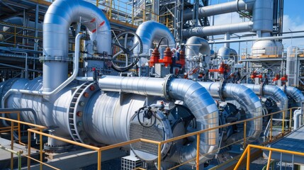 Poster - a close-up view of a complex industrial piping system at a refinery, showcasing large pipes, valves,
