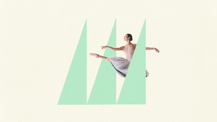 Contemporary art collage. Graceful young ballet dancer, flexible girl leaping through obstacles in form of geometry triangles. Concept of music, urban and aesthetic fusion. Minimalistic art style.