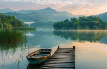 Naklejka na meble Tranquil Wooden Dock Leading to a Calm Lake Surrounded by Lush Green Mountains at Sunrise