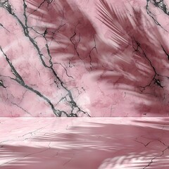 Sticker - Pink marble and black veins background with sunlight shadows, product presentation space for mockups, digital backdrop