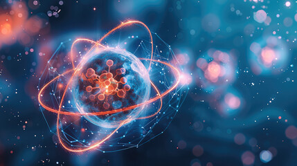 Abstract conceptual illustration of atom with electrons and protons spinning around. Generative AI.