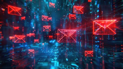 Aufkleber - An email phishing scam, floating emails with malicious content, Bright colors symbolize the lure, while dark shadows hint at the danger. The central email is opening like a trap. Generative AI.