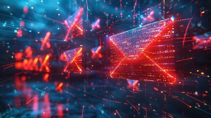 Aufkleber - An email phishing scam, floating emails with malicious content, Bright colors symbolize the lure, while dark shadows hint at the danger. The central email is opening like a trap. Generative AI.